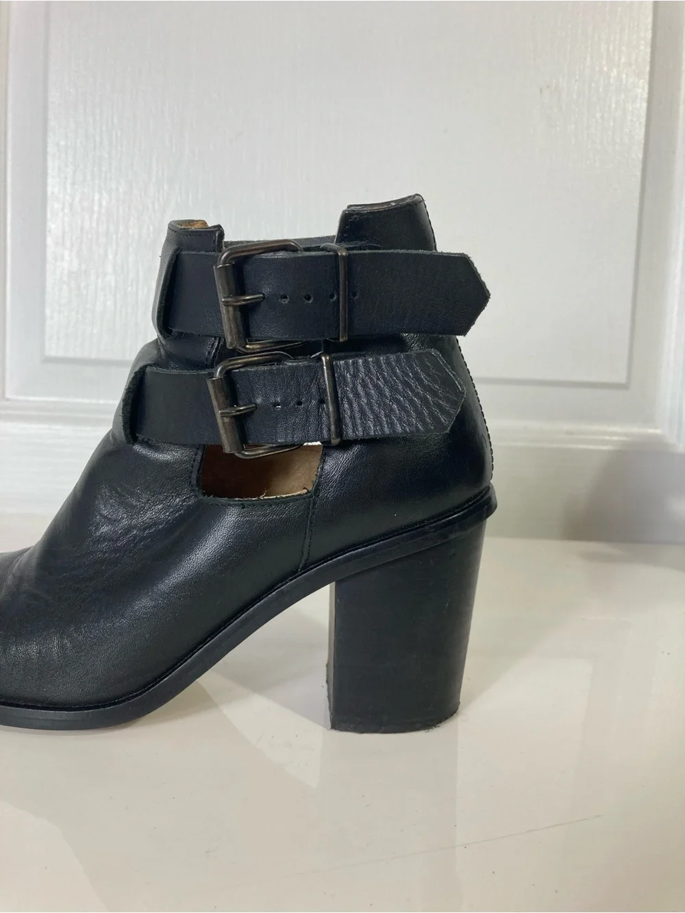 OFFICE LONDON Boots EU 37/US 7 Black Leather 2-Straps Buckle Stack Block Heel